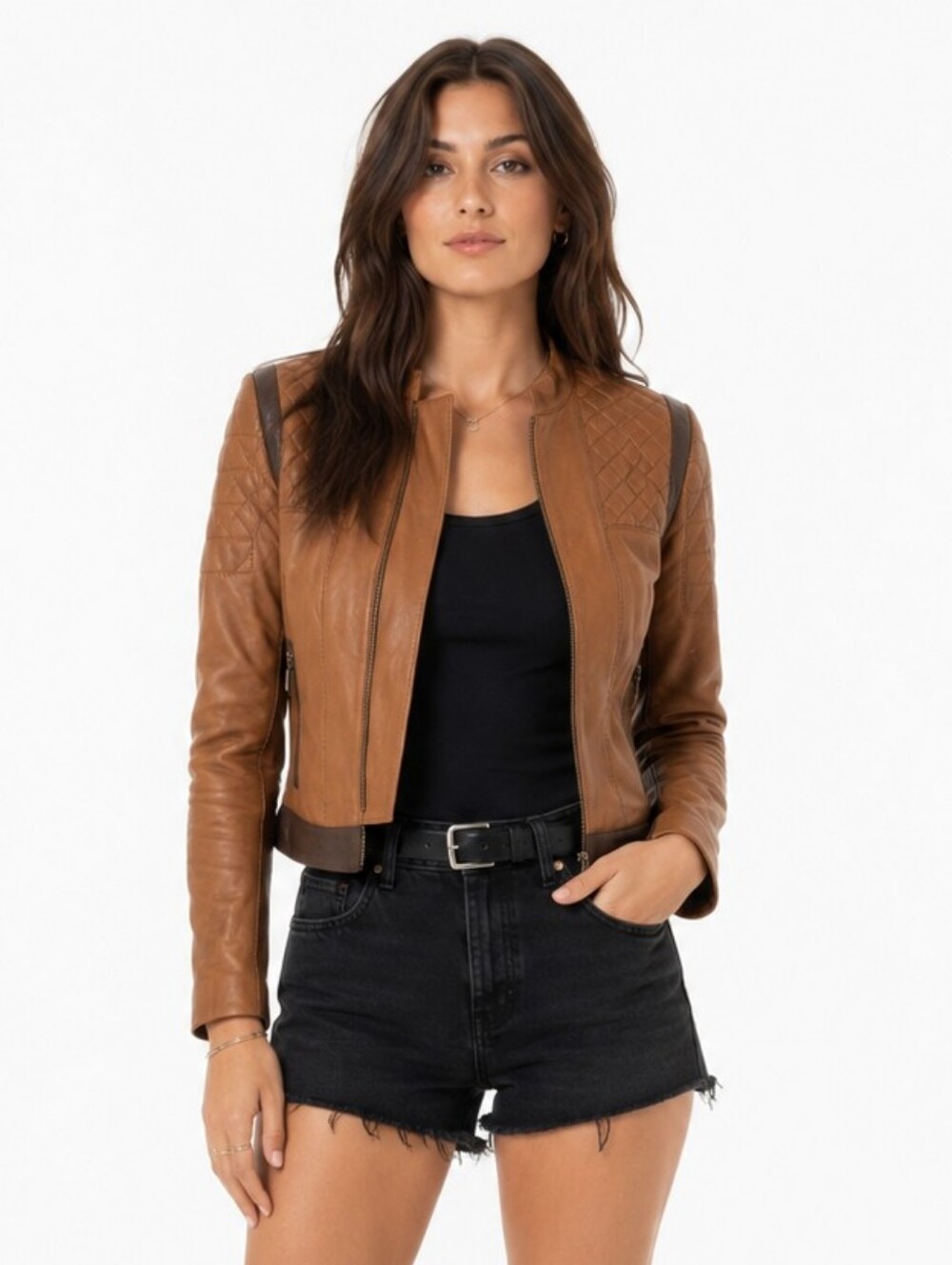 BCBG MAXAZRIA Josh Quilted Lamb Leather Jacket Brown Moto Crop XS NWOT